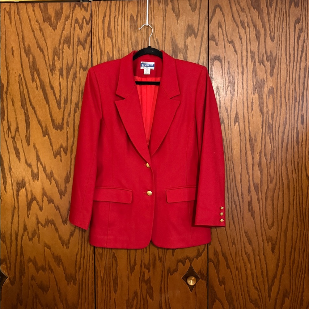 Pendleton Red Wool Blazer Size 8 USA Gold Button Classic Vintage Preppy